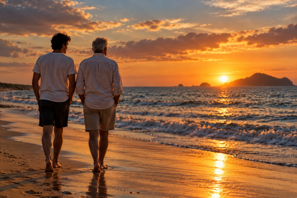 Padre e hijo caminando, dos generaciones, la misma historia. símbolo de reflexión y perspectiva humana.