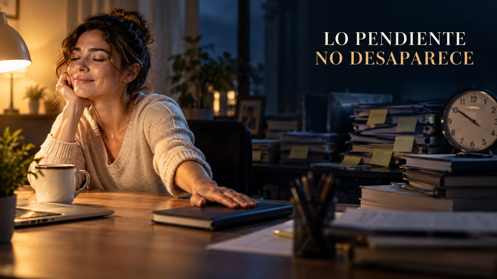 Mujer sentada frente a una libreta mientras varias tareas y documentos continúan acumulados detrás de ella.