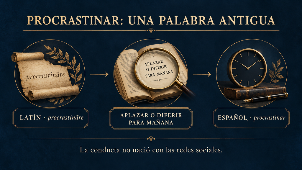 Infografía sobre el origen de la palabra procrastinar; del latín procrastinare, que significa aplazar o diferir algo para mañana, hasta su incorporación al español.